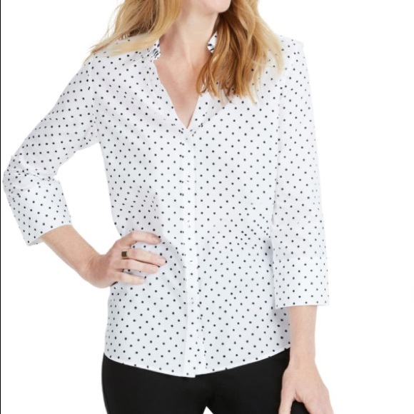 Foxcroft Tops - Wrinkle Free Fitted Button Up polka dot blouse